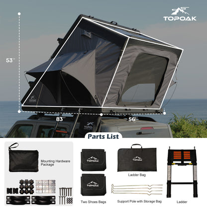 Dimension diagram showing the open and closed size of the TOPOAK Stellar rooftop tent