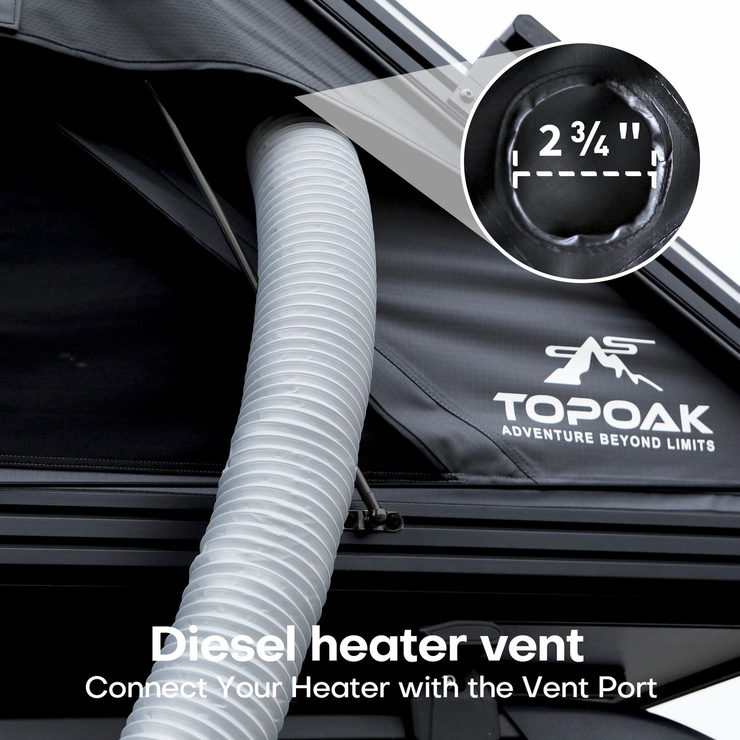 Integrated heater vent on the TOPOAK Stellar rooftop tent for cold weather camping