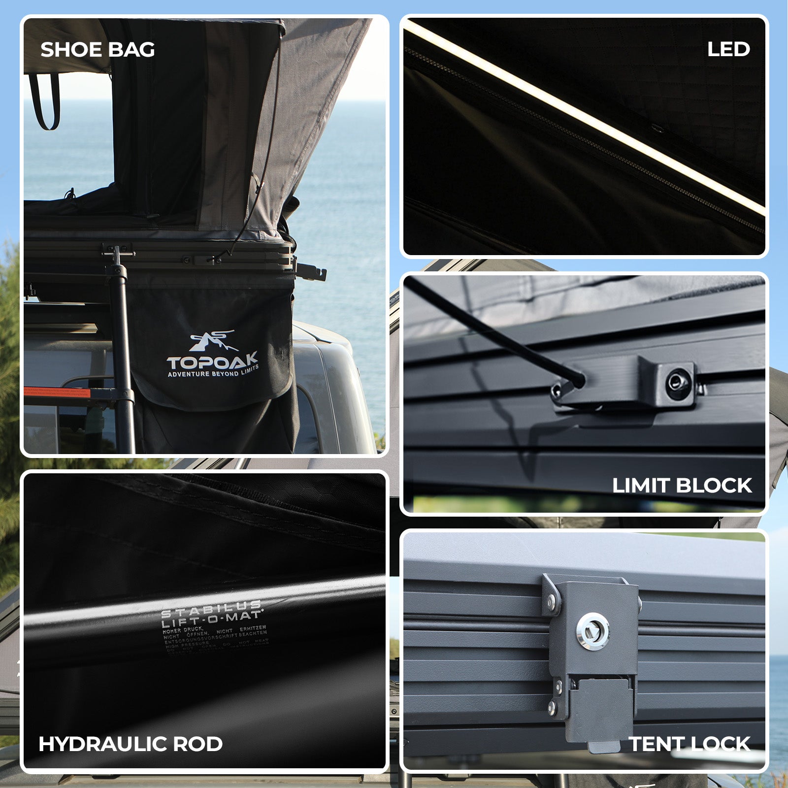 Interior and installation detail of the TOPOAK Stellar rooftop tent structure