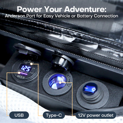 Built-in anderson ports inside the TOPOAK Stellar rooftop tent for charging camping devices