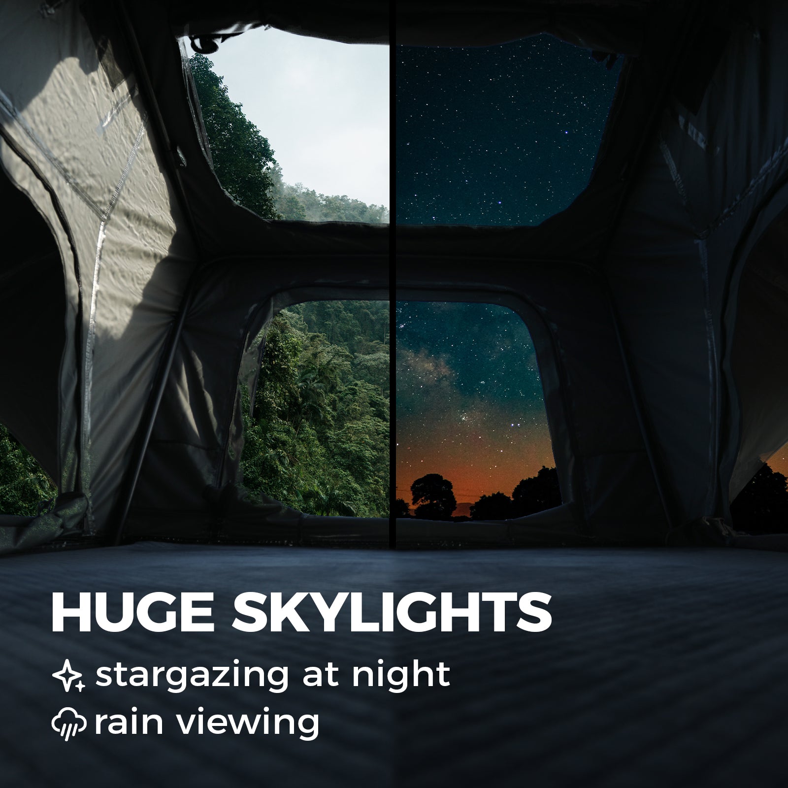 Large skylights inside the TOPOAK Stellar rooftop tent for stargazing and rain viewing