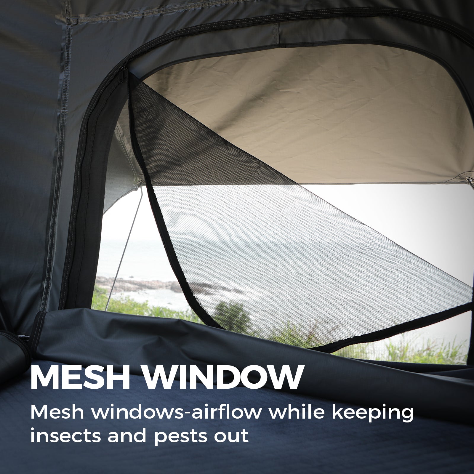 Mesh window design on the TOPOAK Stellar rooftop tent for airflow and insect protection