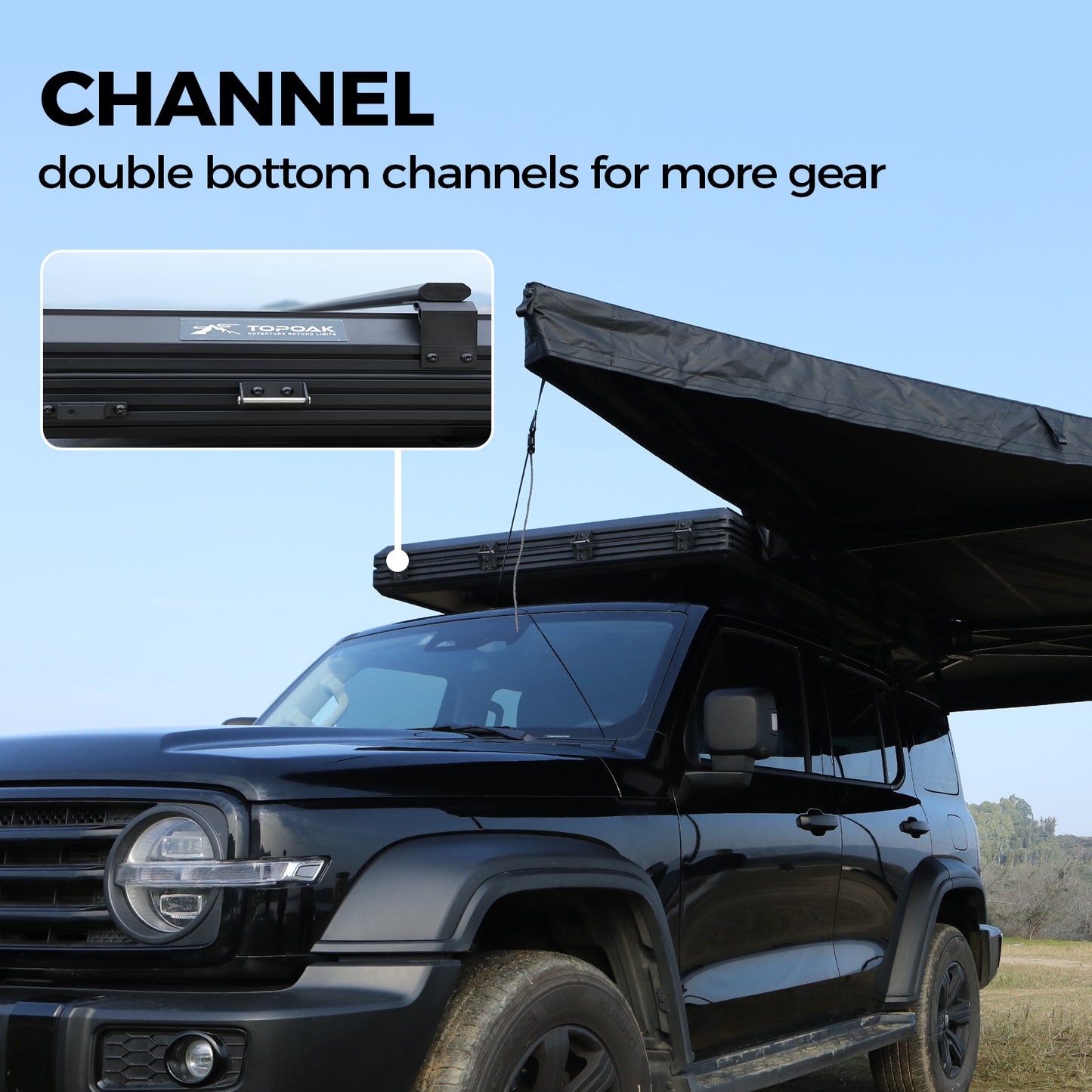 Side mounting channel on the TOPOAK Stellar rooftop tent for attaching awnings or gear