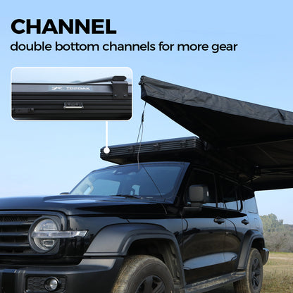 Side mounting channel on the TOPOAK Stellar rooftop tent for attaching awnings or gear