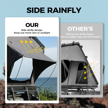 Side rainfly support comparison showing the TOPOAK Stellar rooftop tent design compared to other rooftop tents