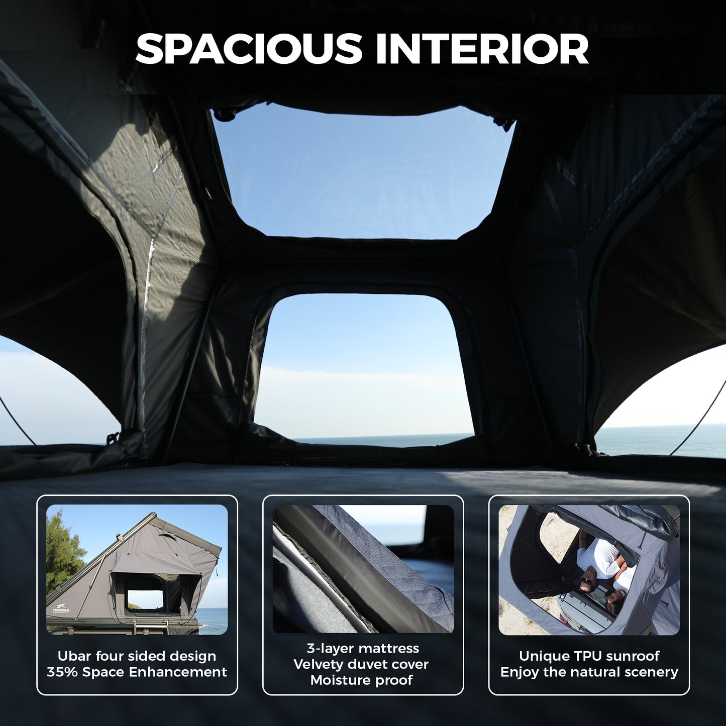 Interior view of the TOPOAK Stellar rooftop tent showing a spacious sleeping area