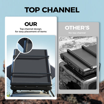 Top channel comparison showing accessory mounting options on the TOPOAK Stellar rooftop tent versus other designs